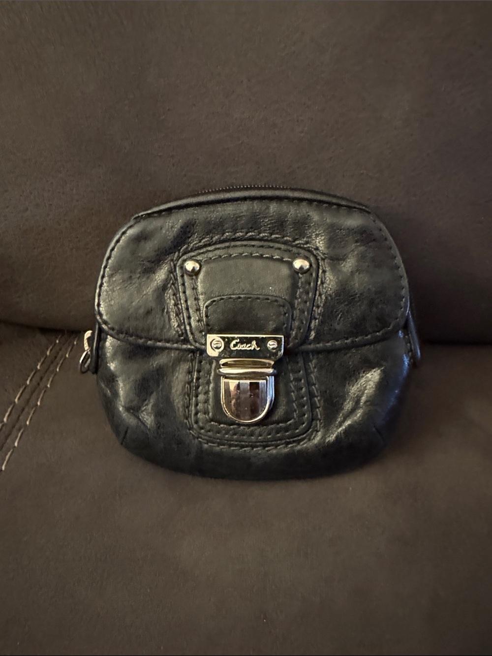 Coach Black Leather Coin Pouch with Silver Hardware